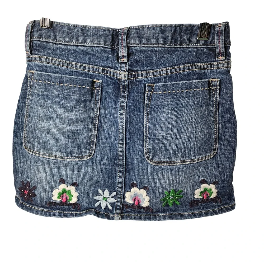 Gap Kids Girls Denim Skirt Blue Embroidered Flowers‎ Size 12 Stretch Jean